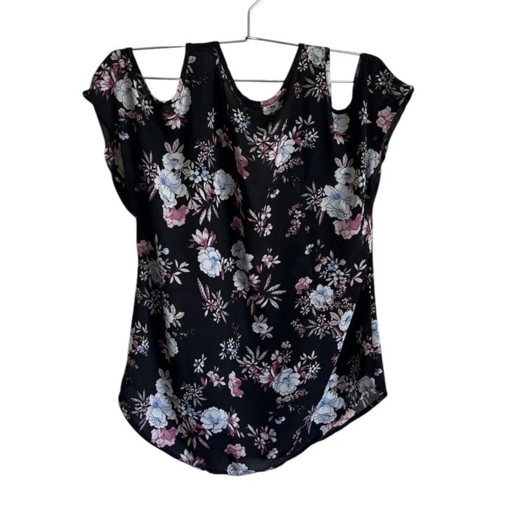 Pink Republic Womens Cold Shoulder V Neck Shirt Black with Floral Sz XS